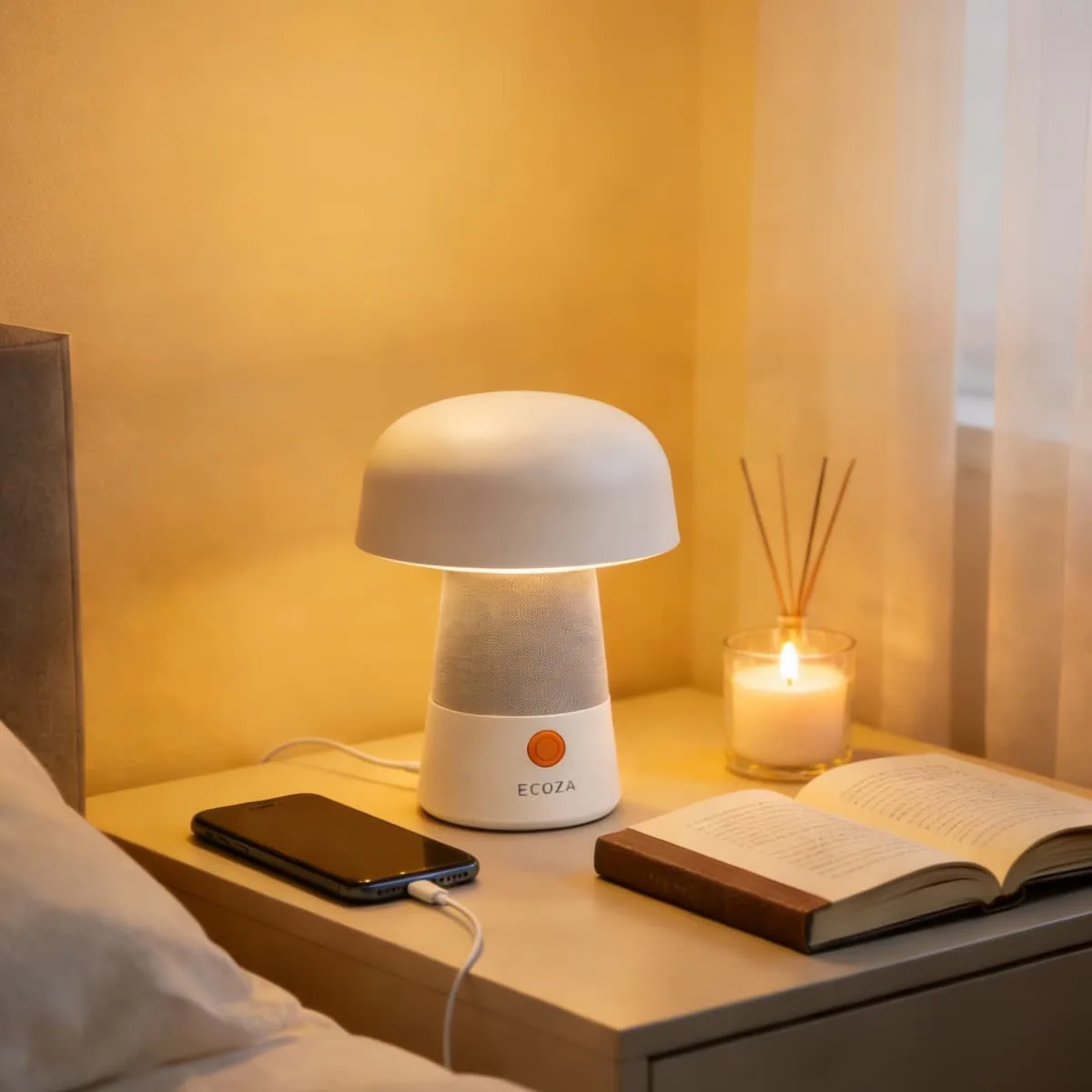 Mushly Liso lamp glowing on a nightstand