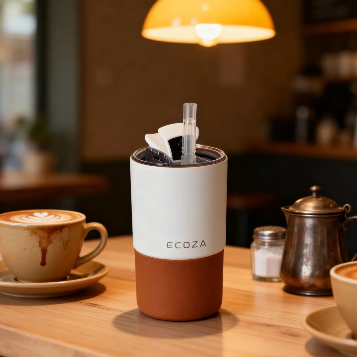Sipup Tumbler in Ivory White with Luxury Brown sleeve